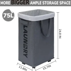 Tvättillbehör-Tvättställning med hjul, 75L hopfällbar stor tvättkorg, tvättvagn med avtagbar tvättsäck för tvättstuga_xx
