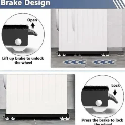 Tvättmaskiner-Tvättutrustningsbas med broms, justerbar mobil bas för tvättmaskin, torktumlare, kylskåp, belastning 300 kg, svart