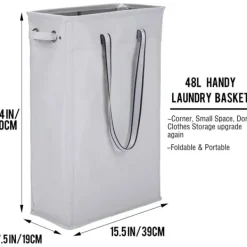 Tvättillbehör-Tyg Klädkorg, 60CM Praktisk Hängande Tvättkorg Hög och Smal Korg Vattentät Tvättsäck med Andningsbart Meshlock Tvättsäck, Grå