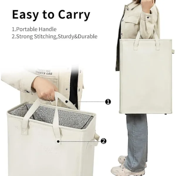 Tvättillbehör-Ultratunn tvättkorg med handtag, hopfällbar korg, tunn smutstvätt, smal väska, hopfällbart tyg 45 L (53,34 cm, Beige) -DQ