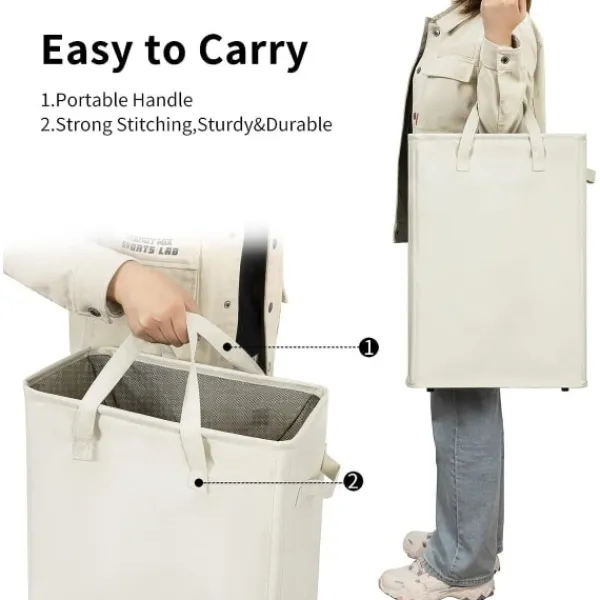 Tvättillbehör-Ultratunn tvättkorg med handtag, hopfällbar korg för smutsiga kläder, smal påse, hopfällbar trasa, 45 l (53,34 cm, beige)