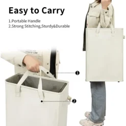 Tvättillbehör-Ultratunn tvättkorg med handtag, vikbar korg för smutsiga kläder, smal påse, hopfällbar, 45 l (53,34 cm, beige)