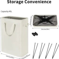 Tvättillbehör-Ultratunn tvättkorg med handtag, hopfällbar korg för smutsig tvätt, smal väska, hopfällbart tyg, 45 l (53,34 cm, beige)