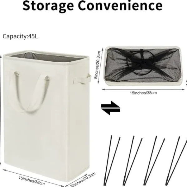 Tvättillbehör-Ultratunn tvättkorg med handtag, hopfällbar tvättkorg, smal väska, hopfällbart tyg, 45 L (53,34 cm, beige)