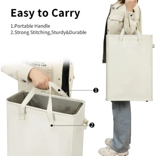 Tvättillbehör-Ultratunn tvättkorg med handtag, hopfällbar korg för smutsiga kläder, smal påse, hopfällbar trasa, 45 l (53,34 cm, beige)