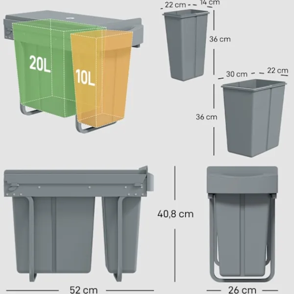 Northio Soptunnor-Utdragbar soptunna för kök, 2 avtagbara hinkar, 30 l, metall