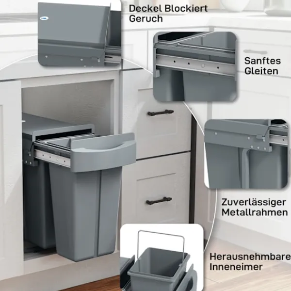 Northio Soptunnor-Utdragbar soptunna för kök, 2 avtagbara hinkar, 30 l, metall