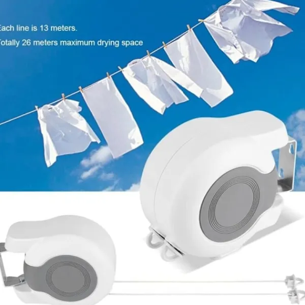 Tvättillbehör-Utdragbar tvättlina för utomhusbruk, 13 m utdragbar väggmonterad torkställning med 2 tvättlinor