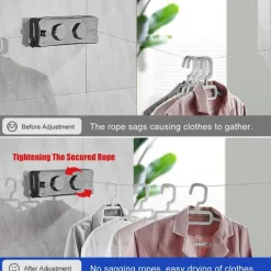 Tvättillbehör-Utdragbar Tvättlina, Väggmonterad Utdragbar Tvättlina med 2 x 5M Rostfritt Stål, för Inomhus- och Utomhusbruk