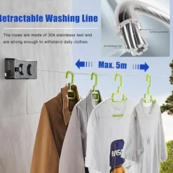Tvättillbehör-Utdragbar Tvättlina, Väggmonterad Utdragbar Tvättlina med 2 x 5M Rostfritt Stål, för Inomhus- och Utomhusbruk