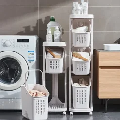 Tvättillbehör-Vagn på hjul med 3 tvättkorgar och praktisk hylla