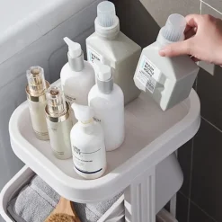 Tvättillbehör-Vagn på hjul med 3 tvättkorgar och praktisk hylla