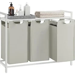 Pavil Tvättillbehör-Vasagle tvättkorg, 3-fack tvätthamper, utdragbar och avtagbar 38L, vit