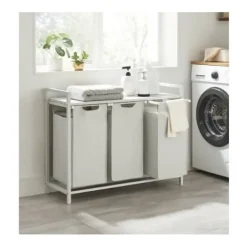 Pavil Tvättillbehör-Vasagle tvättkorg, 3-fack tvätthamper, utdragbar och avtagbar 38L, vit