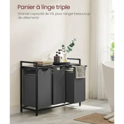 Pavil Tvättillbehör-Vasagle tvättkorg, 3-fack tvätthamper, utdragbar och avtagbar tvättväskor, svart och grå