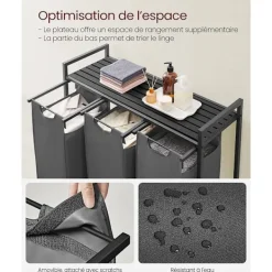 Pavil Tvättillbehör-Vasagle tvättkorg, 3-fack tvätthamper, utdragbar och avtagbar tvättväskor, svart och grå