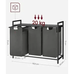 Pavil Tvättillbehör-Vasagle tvättkorg, 3-fack tvätthamper, utdragbar och avtagbar tvättväskor, svart och grå