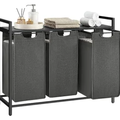 Pavil Tvättillbehör-Vasagle tvättkorg, 3-fack tvätthamper, utdragbar och avtagbar tvättväskor, svart och grå