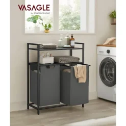 Pavil Tvättillbehör-Vasagle tvättkorg 2-fack, tvätthamare med 2 hyllor, per påse 46 liter, svartgrön