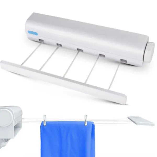Tvättillbehör-Väggmonterad torkställning, utfällbar klädtork med 5 trådar på 3,80 meter, robust klädtork för inomhus och utomhus