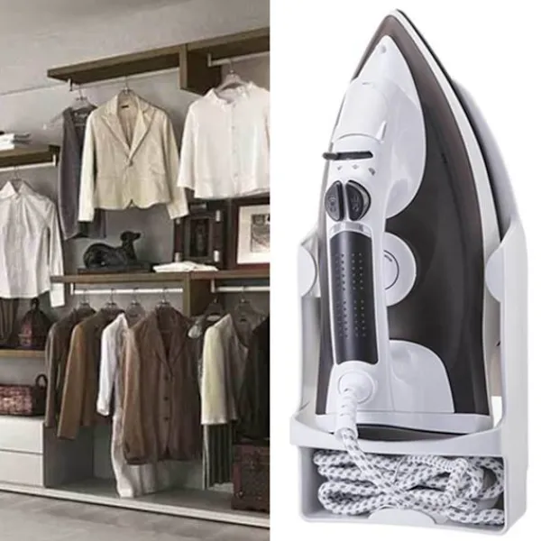 Strykjärn-Väggmonterad värmebeständig breddad elektrisk strykjärnshållare med krokar för garderobshotell Vit