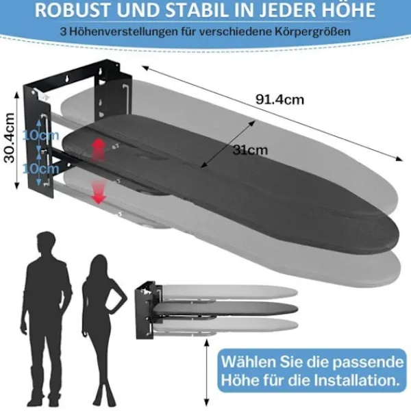 Strykjärn-Väggmonterat Strykbord 92x31cm Väggmonterat Litet utrymme - HÖJDJUSTERING - för Ångstrykjärn/elektriskt - Svart