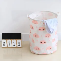 Tvättillbehör-Vikbar Tvättkorg Bomull Linne Rund Förvaringslåda Tvättsäck Leksaksorganisatör - Rosa