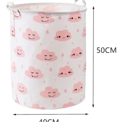 Tvättillbehör-Vikbar Tvättkorg Bomull Linne Rund Förvaringslåda Tvättsäck Leksaksorganisatör - Rosa