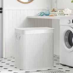 SONGMICS Tvättillbehör-Vit tvättkorg med 3 fack och lock - 150 liter