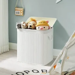 SONGMICS Tvättillbehör-Vit tvättkorg med 3 fack och lock - 150 liter