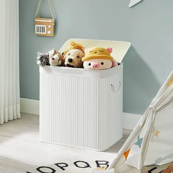 SONGMICS Tvättillbehör-Vit tvättkorg med 3 fack och lock - 150 liter