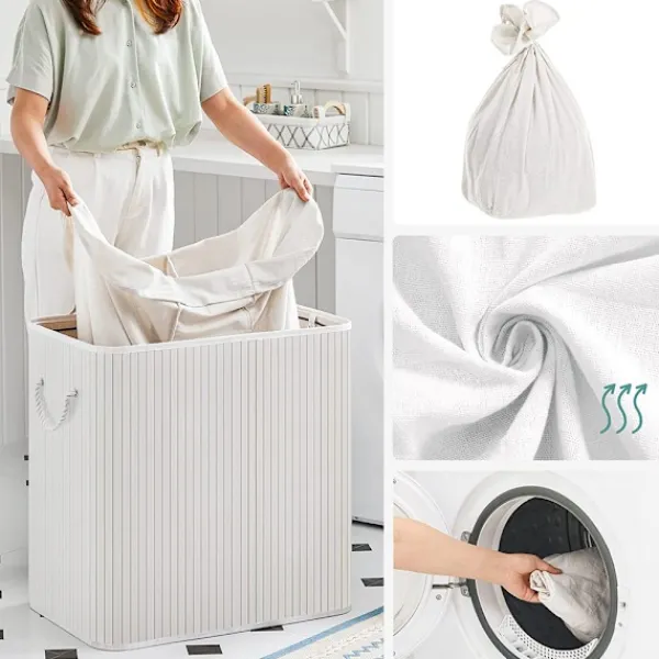 SONGMICS Tvättillbehör-Vit tvättkorg med 3 fack och lock - 150 liter