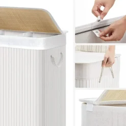 SONGMICS Tvättillbehör-Vit tvättkorg med 3 fack och lock - 150 liter