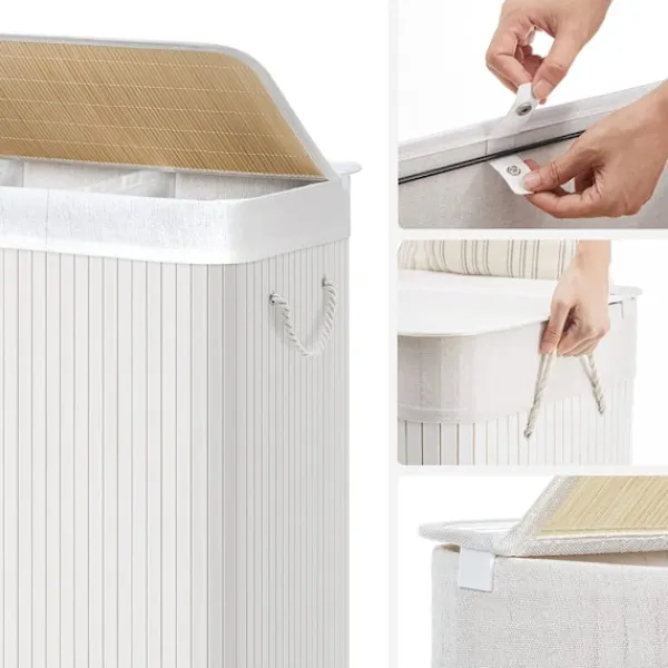 SONGMICS Tvättillbehör-Vit tvättkorg med 3 fack och lock - 150 liter