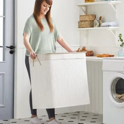 SONGMICS Tvättillbehör-Vit tvättkorg med 3 fack och lock - 150 liter