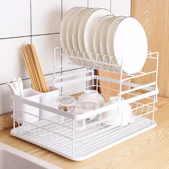 Tvättillbehör-2-vånings diskställ köksbänk tallrik avrinningsställ förvaringsorganisatör med avrinningsbricka och bestickhållare - Vit