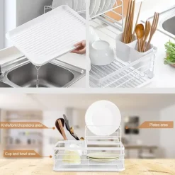 Tvättillbehör-2-vånings diskställ köksbänk tallrik avrinningsställ förvaringsorganisatör med avrinningsbricka och bestickhållare - Vit