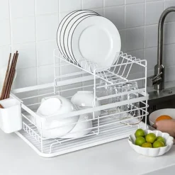 Tvättillbehör-2-vånings diskställ köksbänk tallrik avrinningsställ förvaringsorganisatör med avrinningsbricka och bestickhållare - Vit