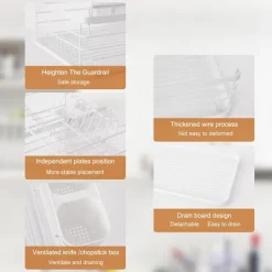 Tvättillbehör-2-vånings diskställ köksbänk tallrik avrinningsställ förvaringsorganisatör med avrinningsbricka och bestickhållare - Vit