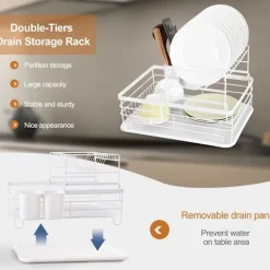 Tvättillbehör-2-vånings diskställ köksbänk tallrik avrinningsställ förvaringsorganisatör med avrinningsbricka och bestickhållare - Vit