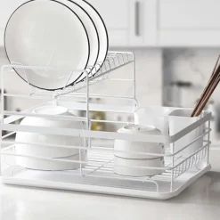 Tvättillbehör-2-vånings diskställ köksbänk tallrik avrinningsställ förvaringsorganisatör med avrinningsbricka och bestickhållare - Vit
