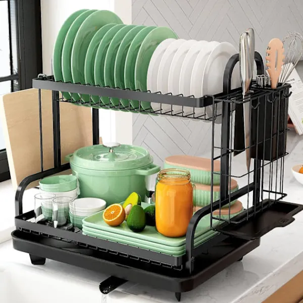 Tvättillbehör-2-vånings diskställ, multifunktionellt diskställ, rostfritt diskställ för kök