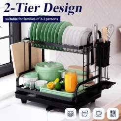 Tvättillbehör-2-vånings diskställ, multifunktionellt diskställ, rostfritt diskställ för kök