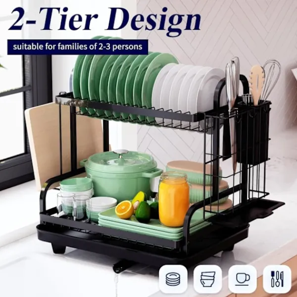 Tvättillbehör-2-vånings diskställ, multifunktionellt diskställ, rostfritt diskställ för kök