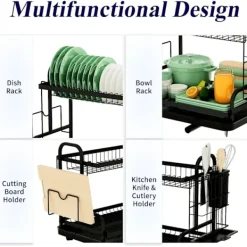 Tvättillbehör-2-vånings diskställ, multifunktionellt diskställ, rostfritt diskställ för kök