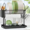 Tvättillbehör-2-vånings svart diskställ med droppbricka, rostfritt stål avloppsdisk