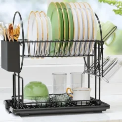 Tvättillbehör-2-vånings svart diskställ med droppbricka, rostfritt stål avloppsdisk