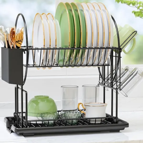 Tvättillbehör-2-vånings svart diskställ med droppbricka, rostfritt stål avloppsdisk