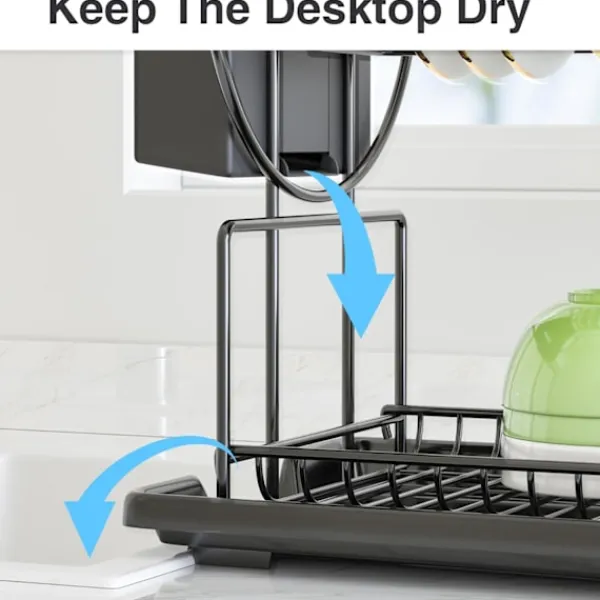 Tvättillbehör-2-vånings svart diskställ med droppbricka, rostfritt stål avloppsdisk