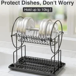 Tvättillbehör-2-vånings svart diskställ med droppbricka, rostfritt stål avloppsdisk